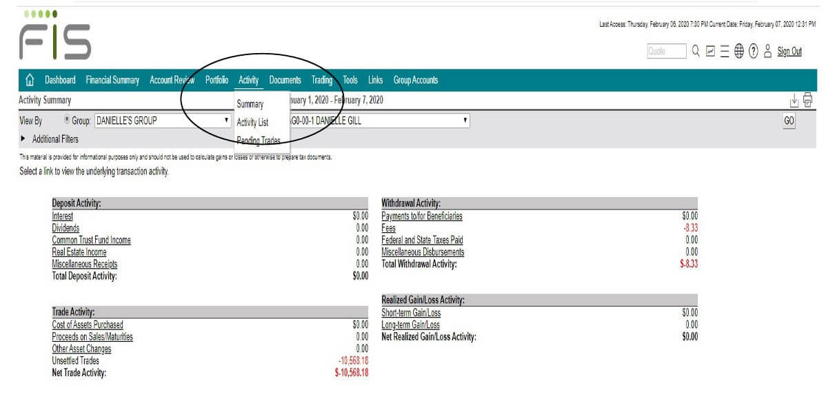 Screenshot of the client portal highlighting the "Activity" menu