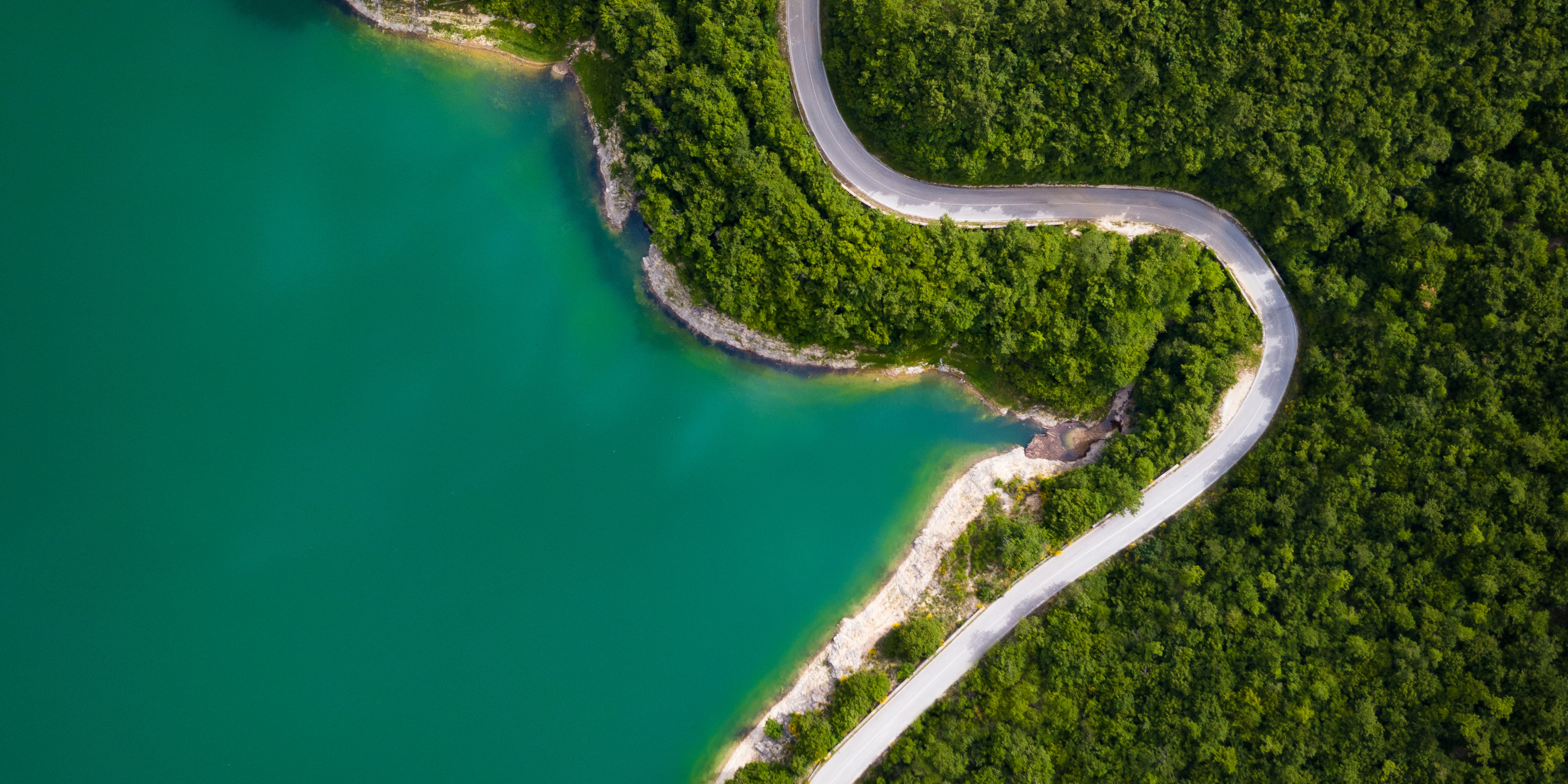 Aerial image of a winding forest road along a beach