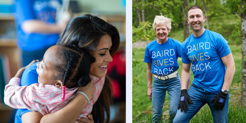 The left image is a woman embracing a child while volunteering. The right image showcases Kim Fleming and Max Mann wearing Baird Gives Back t-shirts at an outdoor volunteer event.