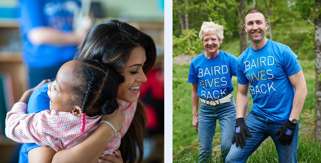 The left image is a woman embracing a child while volunteering. The right image showcases Kim Fleming and Max Mann wearing Baird Gives Back t-shirts at an outdoor volunteer event.
