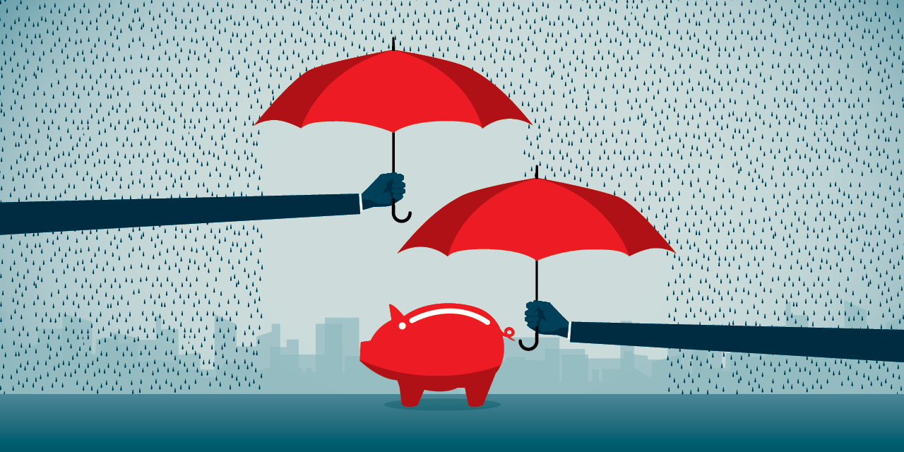 Illustration of two umbrellas protecting a piggybank.