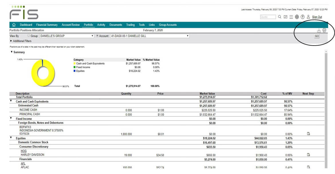 Screenshot of the client portal highlighting the download and print feature in the upper right