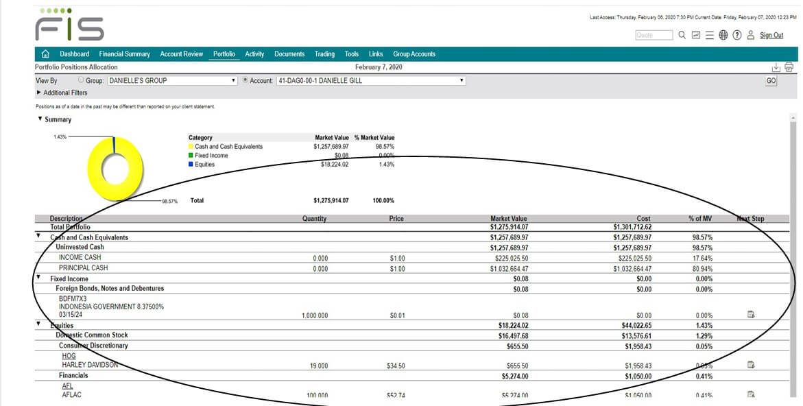 Screenshot of the client portal highlighting the account information in the main part of the screen