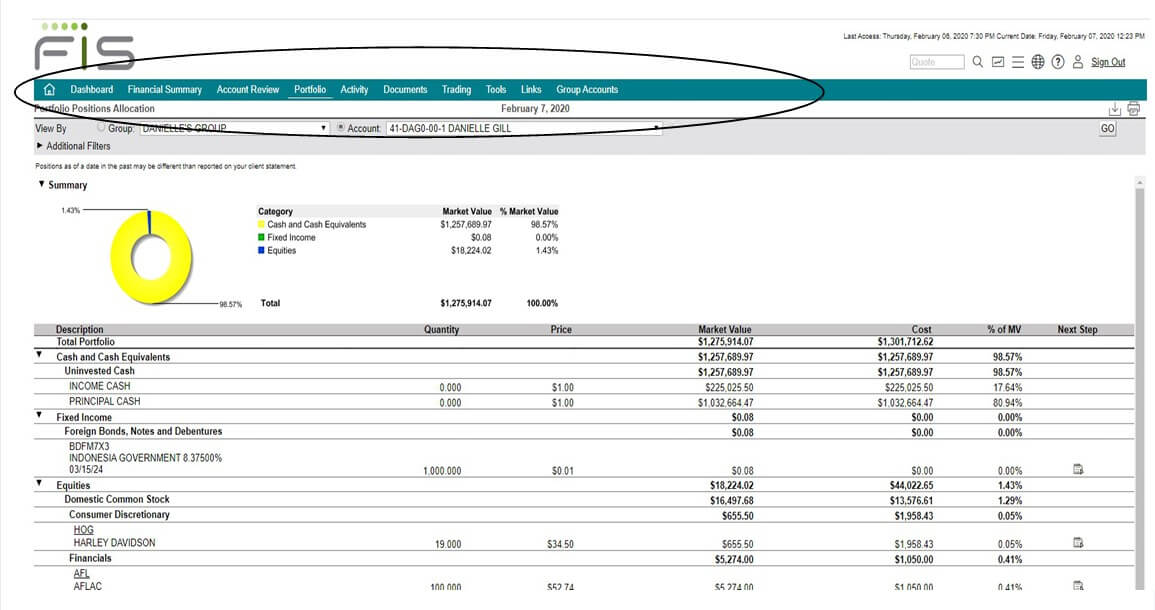 Screenshot of the client portal highlighting the top navigation