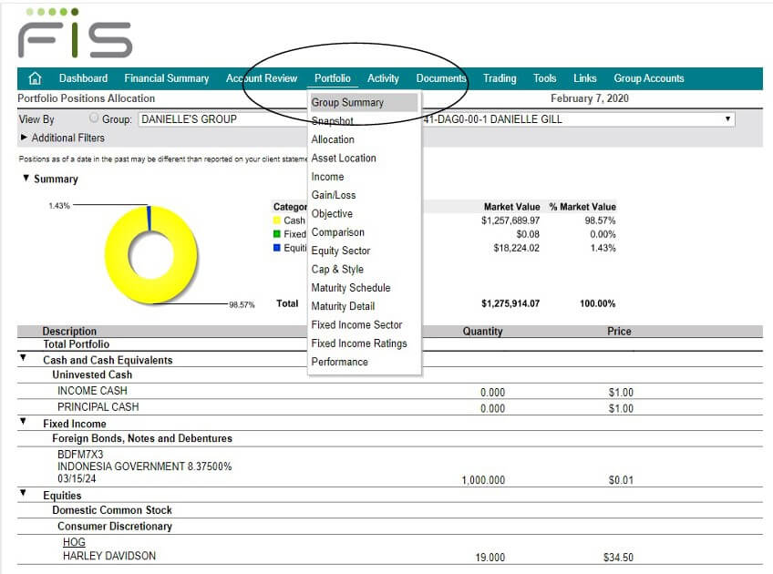 Screenshot of the client portal highlighting the "portfolio" menu