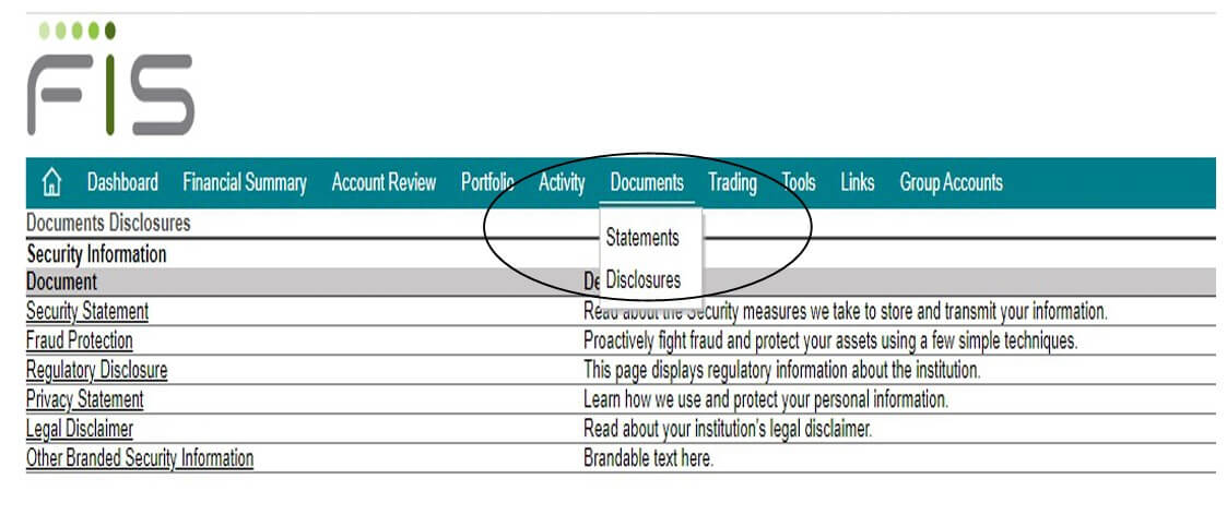 Screenshot of the client portal highlighting the "Statements" menu