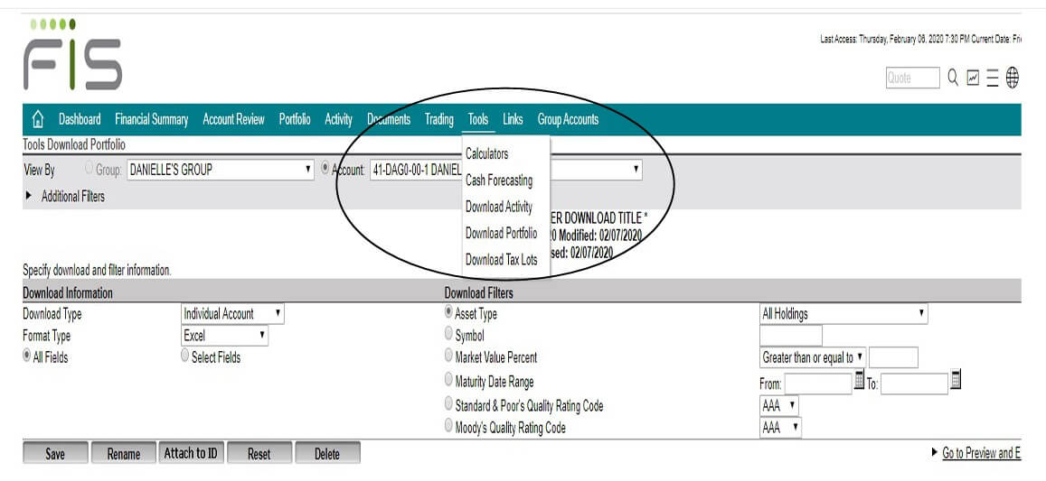 Screenshot of the client portal highlighting the "Tools" menu