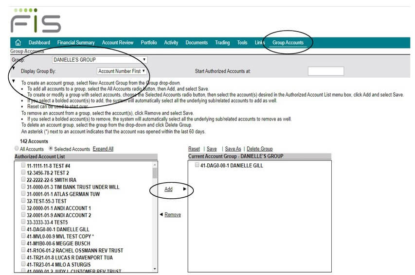 Screenshot of the client portal highlighting the "Group Accounts" menu