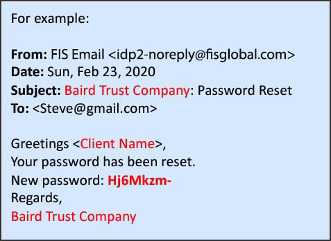 Screenshot of an example email for the portal from FIS Email