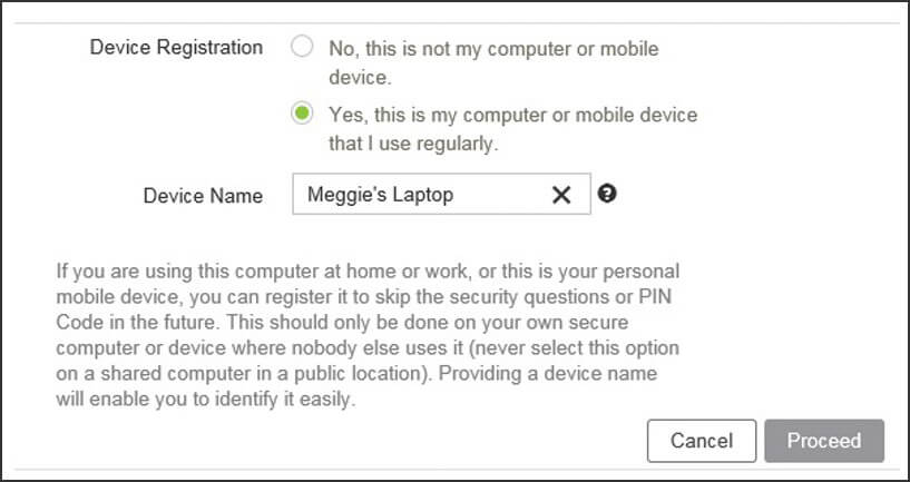 Screenshot of registration device